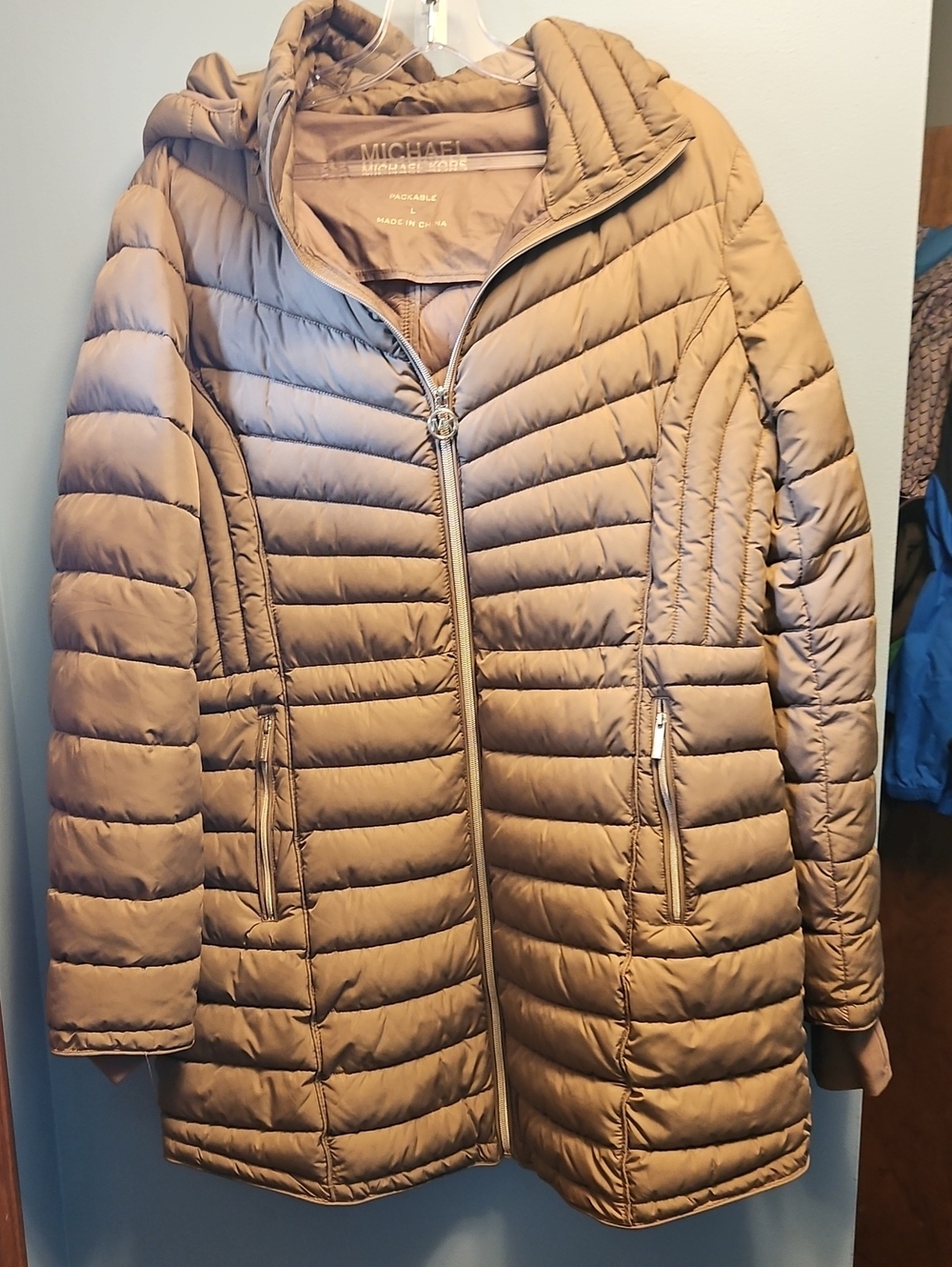 Michael Kors Light Brown Packable Quilted Hooded Puffer Jacket